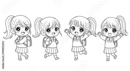 Four adorable chibi schoolgirls with backpacks in a line art style