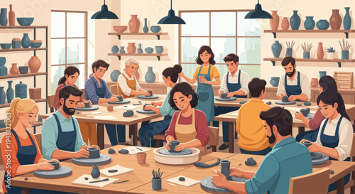 Diverse group in pottery class, learning to shape clay on wheels in a bright studio.