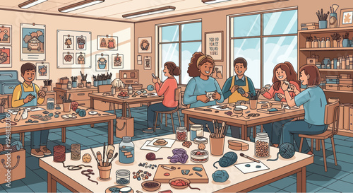 Diverse children engaged in creative arts and crafts class, learning and making art