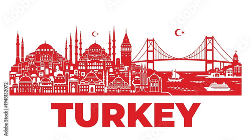 Vibrant red silhouette of Turkey cityscape with iconic landmarks and mosques, symbolizing travel and culture