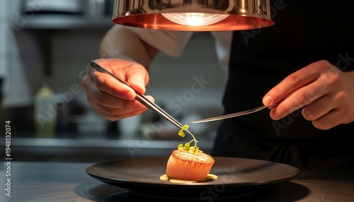 Professional chef plating seared scallop with micro herb using tweezers in granite kitchen