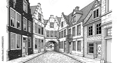 Detailed street scene illustration with architectural details and cobblestone path.