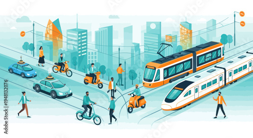Urban transportation concept: cars, scooters, trams and trains in a modern city