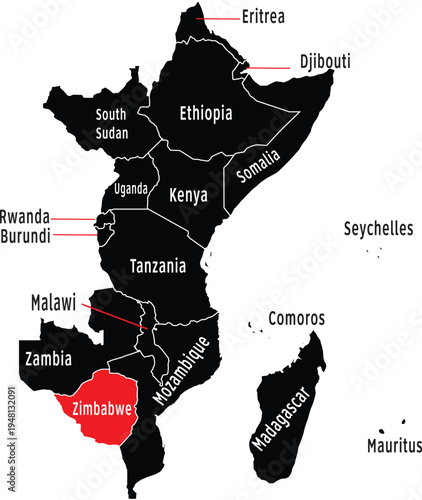Zimbabwe Highlighted on East Africa Region Map with Label, Editable Vector