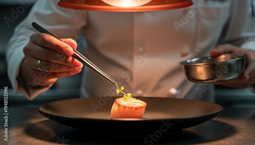 Professional chef plating seared scallop with micro herb using tweezers in granite kitchen