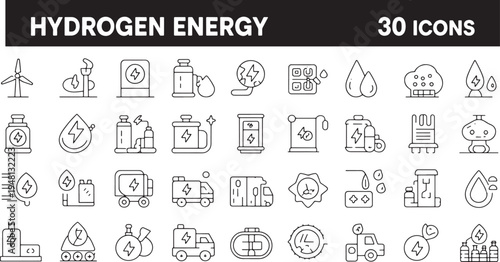 Collection of 30 line representing hydrogen energy concepts and technologies renewable energy