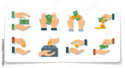 Flat design icon set of human hands performing various financial transactions with money cash and coins.