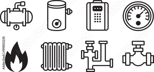 Collection of black and white representing plumbing and heating system components
