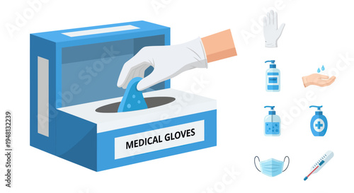Hand taking blue disposable medical glove from a dispenser box.