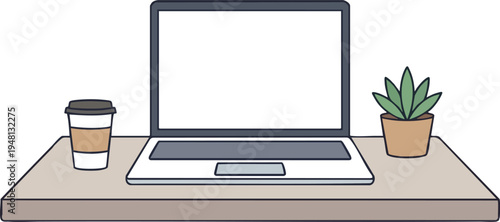 Minimalist laptop on desk with coffee and plant vector