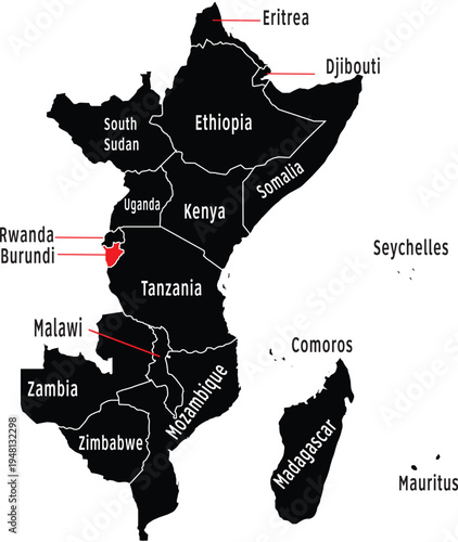 Burundi Highlighted on East Africa Region Map with Label, Editable Vector