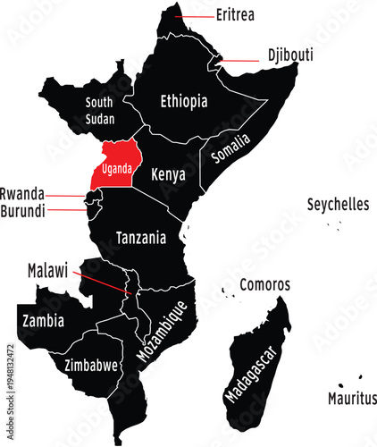 Uganda Highlighted on East Africa Region Map with Label, Editable Vector