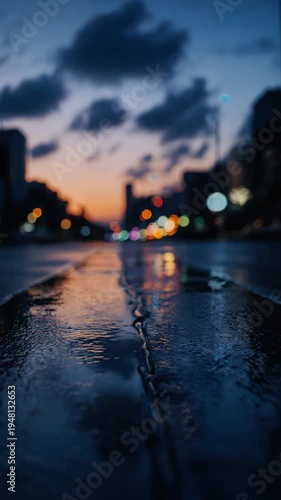 City street at dusk with reflections.