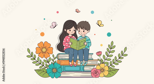 Two children reading a book together surrounded by flowers and butterflies
