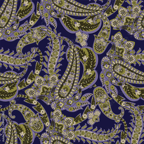 Floral seamless pattern with paisley ornament. Vector illustration in asian textile style
