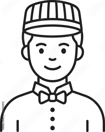 A smiling cartoon man wearing a bow tie and cap