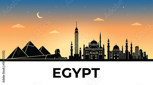 Egyptian cityscape silhouette at sunset with pyramids and mosques, African travel background