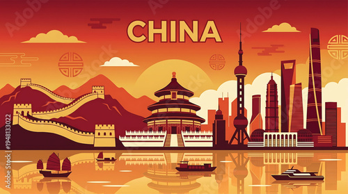 Vibrant illustration of China's iconic skyline at sunset, featuring the Great Wall and pagodas.