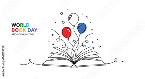 World book day celebration with an open book and colorful balloons