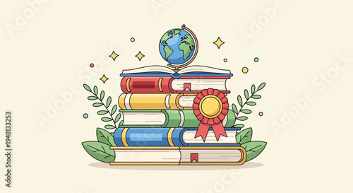 A stack of books with a globe and award symbolizing education