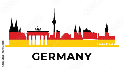Colorful Germany city skyline silhouette with iconic landmarks and national flag colors.
