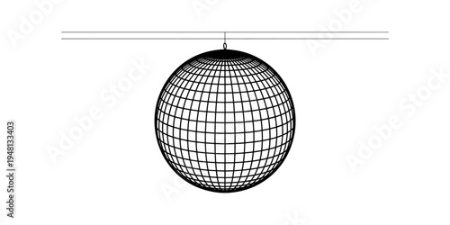 A black and white line drawing of a disco ball hanging from a thin wire against a plain background.