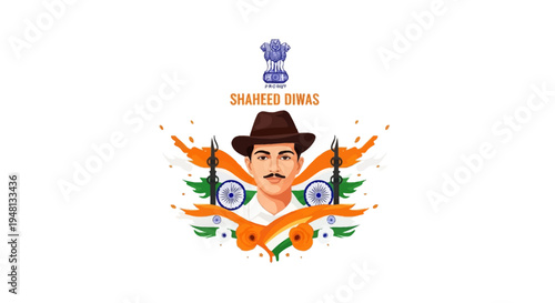 Illustration of a patriotic character with a mustache and hat, surrounded by the Indian flag and Shaheed Diwas text, conveying a tribute to Bhagat Singh on Martyrs Day in a vector style