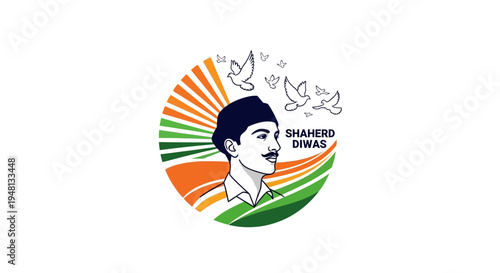Illustration of a patriotic silhouette character paying tribute to Bhagat Singh on Shaheed Diwas with Indian flag colors and doves in a circular composition
