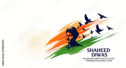 Illustration of a patriotic silhouette character with birds flying in front of an Indian flag background, commemorating Shaheed Diwas or Martyrs Day in India with a bold and symbolic design