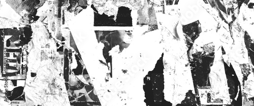 Black and white torn paper collage with visible text fragments and abstract shapes