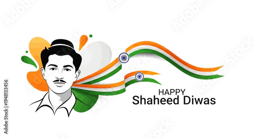 Illustration of a man with mustache and a patriotic design featuring the Indian flag for Shaheed Diwas in a vector style with vibrant colors
