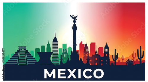 Vibrant Mexico City skyline at sunset with iconic landmarks and colorful national flag hues.