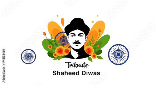 Illustration of a patriotic tribute to Bhagat Singh on Shaheed Diwas with Indian flag elements and floral motifs in a vibrant, vector style