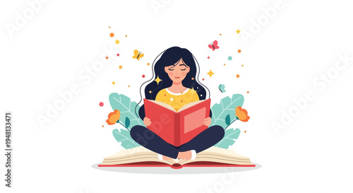 A young woman peacefully reads a book surrounded by nature and whimsy