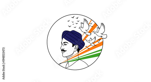 Illustration of a patriotic silhouette character paying tribute to Bhagat Singh on Shaheed Diwas with Indian flag colors and doves