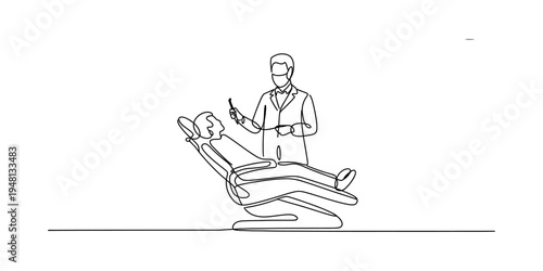 Continuous line drawing of a professional dentist treating a patient in a dental chair