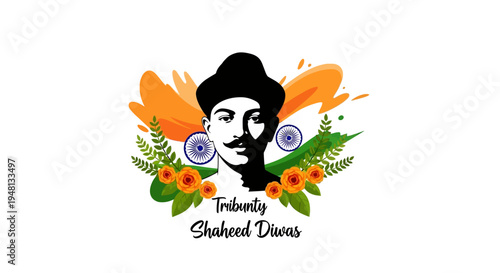 Tribute illustration of Bhagat Singh on Shaheed Diwas with patriotic Indian flag and floral elements