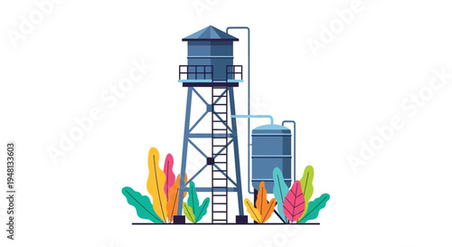 Illustration of a blue water tower with surrounding stylized foliage