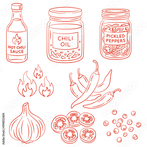 Spicy food hand drawn collection in sketch style. Seasonings and chili peppers, stuffed red peppers, hot sauce, chili pepper oil, garlic. Hot spicy food funky doodle collection