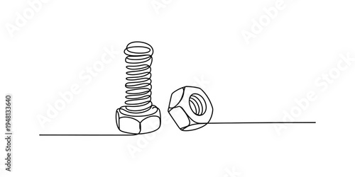 Single line drawing of a metal bolt and nut used for construction and mechanical assembly.