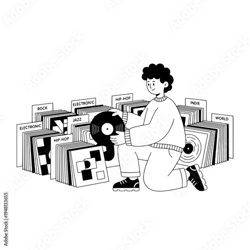 line art vinyl record curator organizes genre labeled albums illustration or monochrome analog vinyl collector arranges records on shelves with genre tags artwork