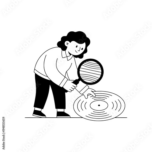 line art vinyl record inspection illustration for designers and music lovers or monochrome vinyl disc examination graphic for catalogs displays and hobby decor