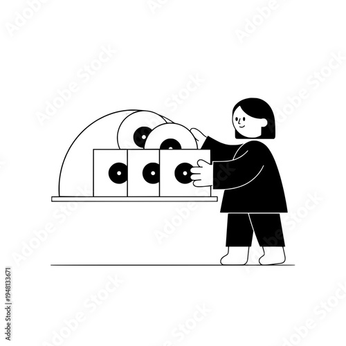 minimal vector illustration of a person organizing vinyl records on a shelf or monochrome line art depicting a vinyl record curator arranging records for display