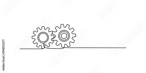 Continuous line drawing of two interlocking gears symbolizing cooperation and teamwork