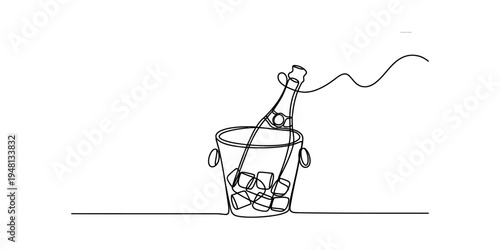 Continuous line drawing of a champagne bottle chilling in an ice bucket with ice cubes.