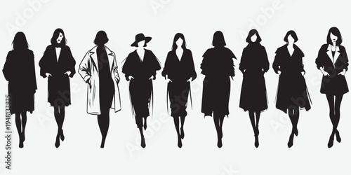 Black line art group of chic women runway walk dynamic fashion figures set Vector brush art