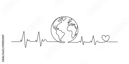Continuous line drawing of a heartbeat ekg pulse with a world globe and heart symbol