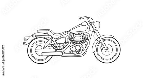 Line drawing of a classic motorcycle with a detailed engine and wheels