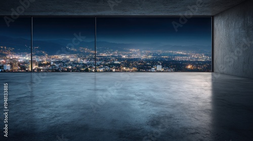 Modern interior overlooking city lights at night