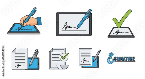 Digital Signature and Electronic Document Signing Process Icons.